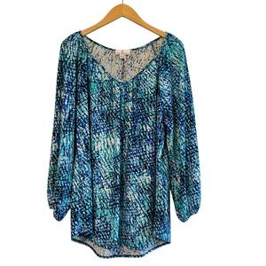 Jude Connally Sheryl Blouse Blue Printed Size LG Flowey 3/4 Sleeve Feminine